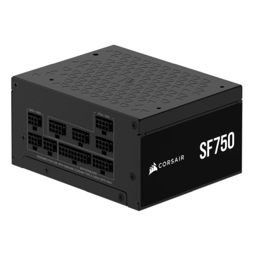 Corsair 750W SF750 SFX PSU in black, fully modular, 80+ Platinum, with fluid dynamic fan and SFX-to-ATX bracket.