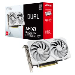 Asus DUAL RX9060 XT White graphics card with 16GB DDR6, HDMI, 2 DP, and 3250MHz clock speed for compact SFF builds.