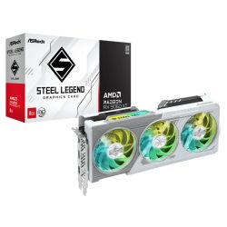 Asrock RX9060 XT Steel Legend 8GB OC graphics card in white with RGB lighting, HDMI, and dual DisplayPort outputs.