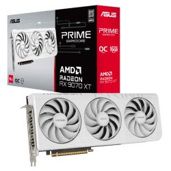 Asus PRIME RX9070 XT White OC graphics card with 16GB DDR6, HDMI, 3 DisplayPorts, and 3030MHz clock speed