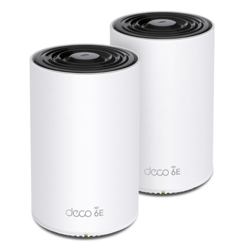 TP-LINK Deco XE75 Pro AXE5400 Wi-Fi 6E tri-band mesh system, 2 pack with dual GB LAN ports and sleek design.