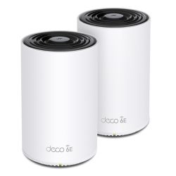 TP-LINK Deco XE75 Pro AXE5400 Wi-Fi 6E mesh system in white, dual 2.5G and Gigabit LAN ports, 2-pack, AI-driven