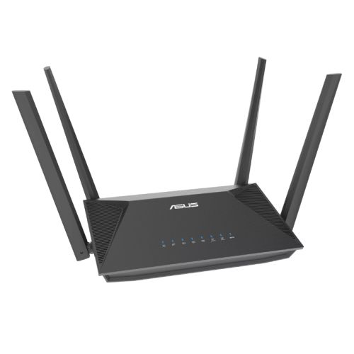 Asus AX1800 dual band Wi-Fi 6 router with built-in VPN, parental controls, and AiMesh technology in sleek design.