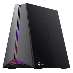 TP-LINK Archer GE550 Wi-Fi 7 gaming router with RGB lighting, 5G WAN, USB ports, and Game Panel