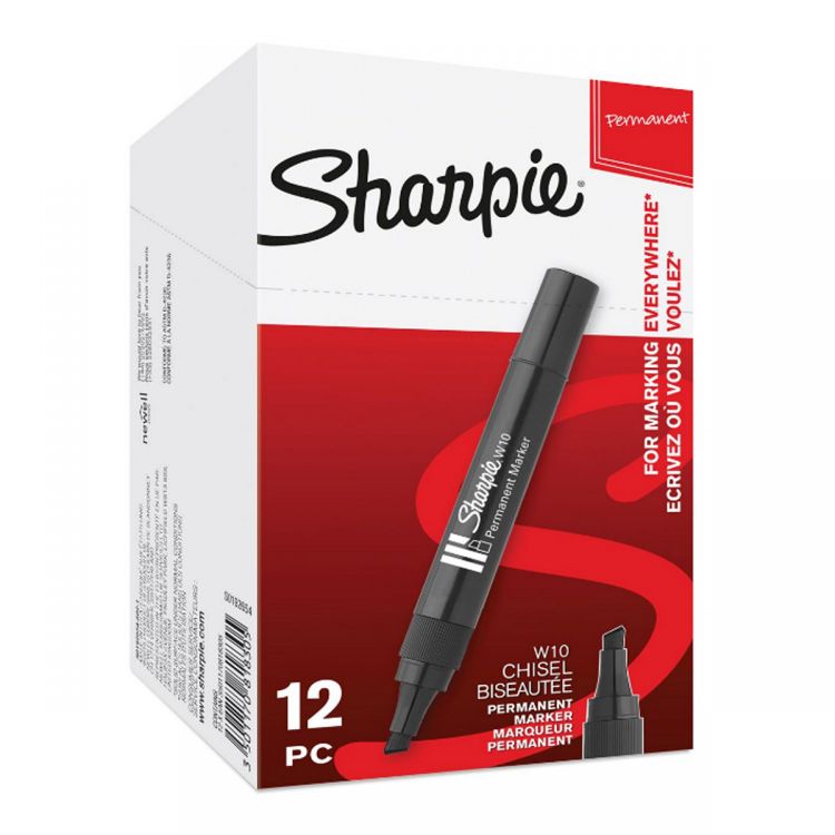 Sharpie S0192654 W10 Permanent Marker Chisel Tip Black Box of 12