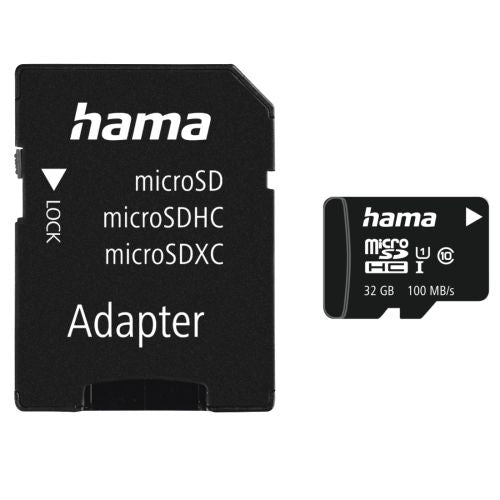 Hama 32GB MicroSDHC card Class 10 UHS-I 100MB/s with adapter, suitable for high-speed data storage