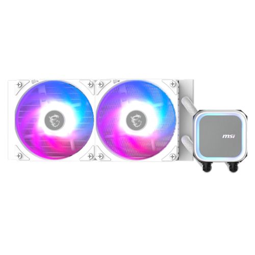 White MSI MAG CORELIQUID A13 240mm liquid CPU cooler with ARGB fans and cooling block