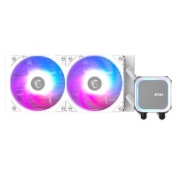 White MSI MAG CORELIQUID A13 240mm liquid CPU cooler with ARGB cooling block and 2 CycloBlade 7 PWM fans