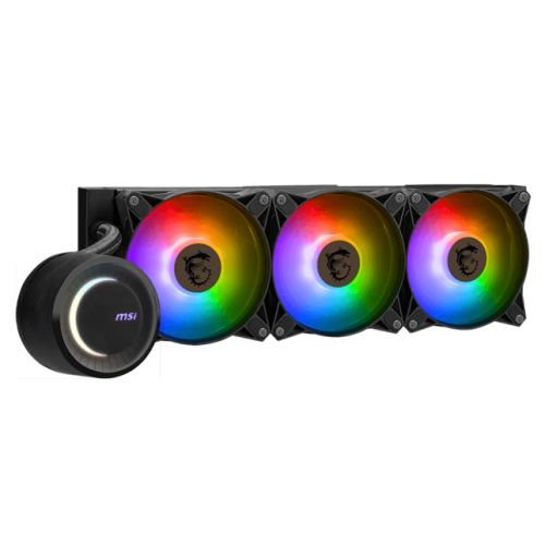 MSI MAG CORELIQUID E360 black 360mm liquid CPU cooler with 3 ARGB PWM fans and rotatable ARGB blockhead