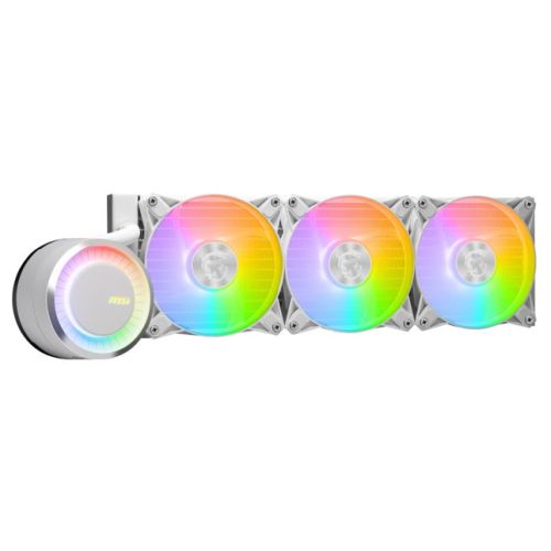MSI MAG CORELIQUID E360 white 360mm liquid CPU cooler with 3 ARGB PWM fans and rotatable ARGB blockhead