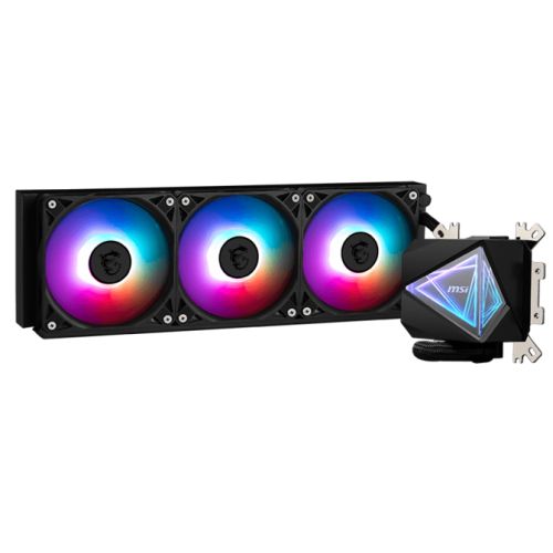 MSI MAG CORELIQUID I360 360mm black liquid CPU cooler with 3 ARGB PWM fans and dual-sided mirror cooling block
