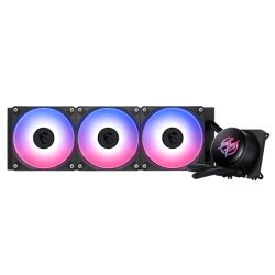 MSI MPG CORELIQUID P13 360mm liquid CPU cooler with 3 ARGB fans and customizable LCD, featuring a sleek black design.