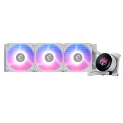 MSI MPG CORELIQUID P13 360mm liquid CPU cooler with 3 white ARGB CycloBlade fans and customizable LCD display