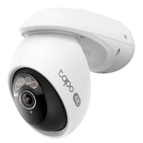 TP-LINK 4K outdoor pan/tilt security camera with dual-band Wi-Fi, color night vision, and AI tracking.