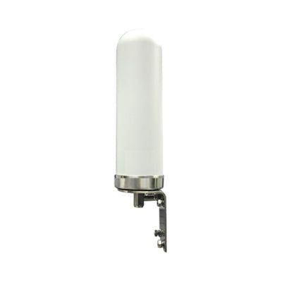 White cylindrical outdoor antenna with stainless steel mounting bracket, compatible with DrayTek for 4G/5G connectivity.