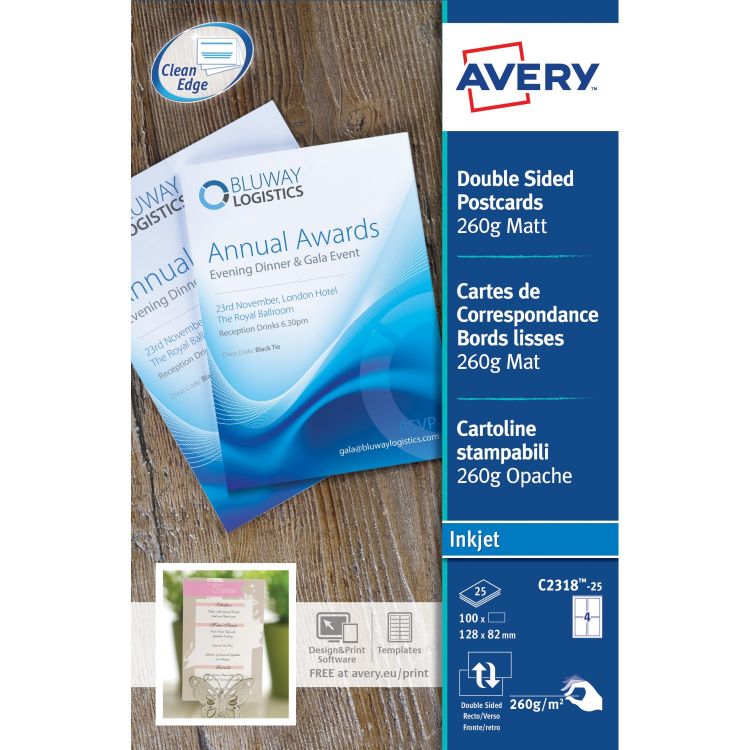 Avery C2318-25 128 x 82mm Printable Cards - 25 sheets - 4 cards per Sheet
