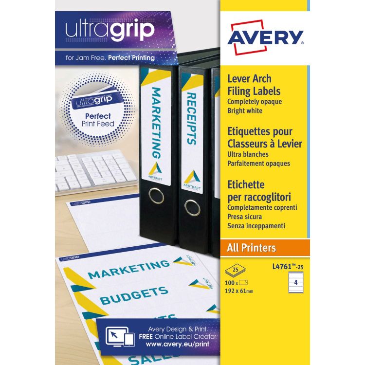 Avery L4761-25 192 x 61mm Filing Labels 25 Sheets - 4 Labels per Sheet