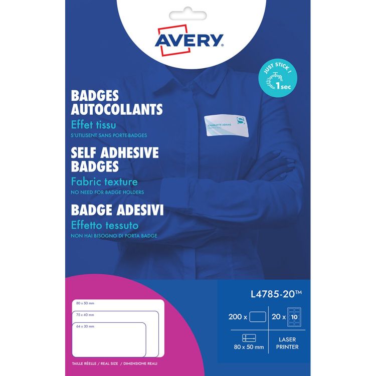 Avery L4785-20 80 x 50mm Self Adhesive Silk Name Badges 20 Sheets - 10 Labels per Sheet