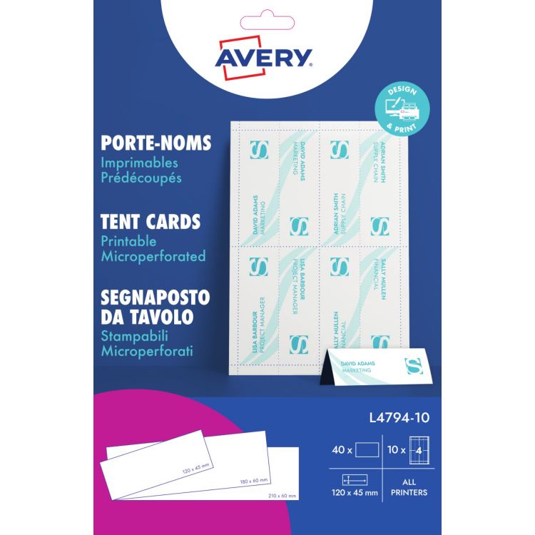 Avery L4794-10 120 x 45mm Tent Cards 10 Sheets - 4 Cards per Sheet