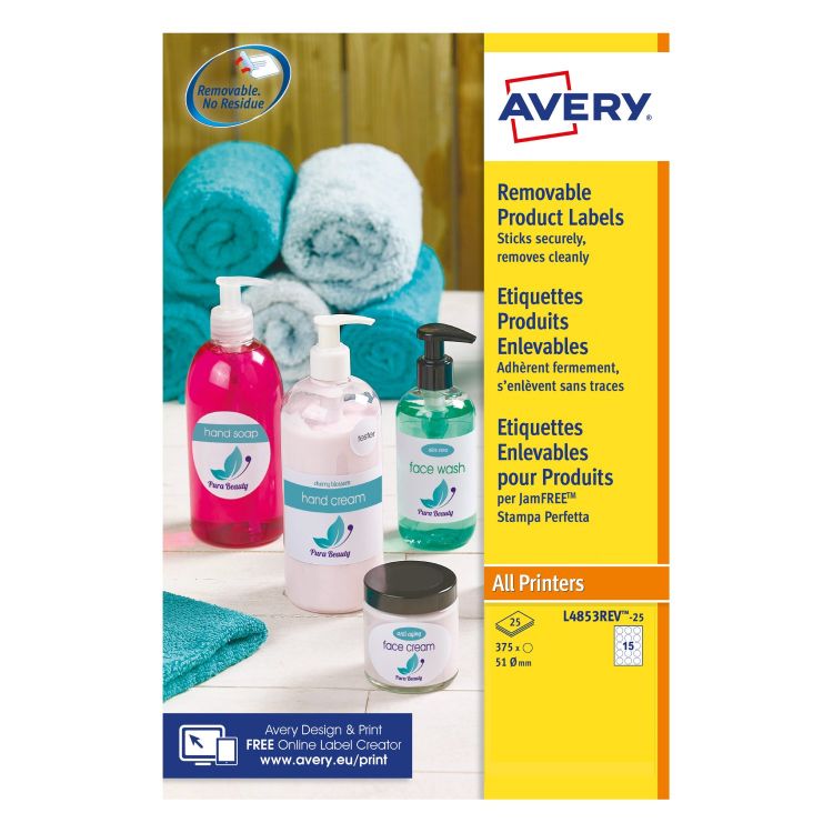 Avery L4853REV-25 51mm Removable Round Labels 25 Sheets - 15 Labels per Sheet