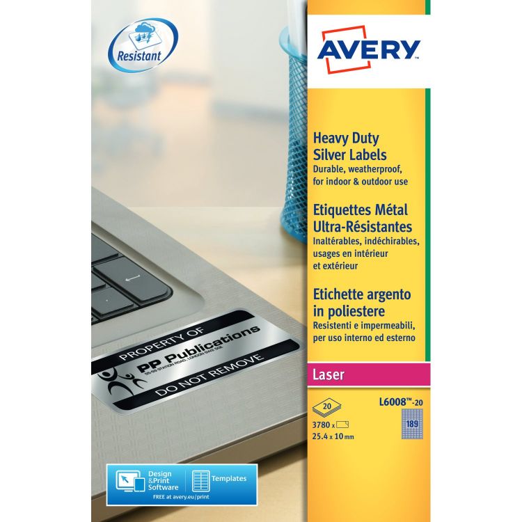 Avery L6008-20 Resistant Labels 20 sheets - 189 Labels per Sheet