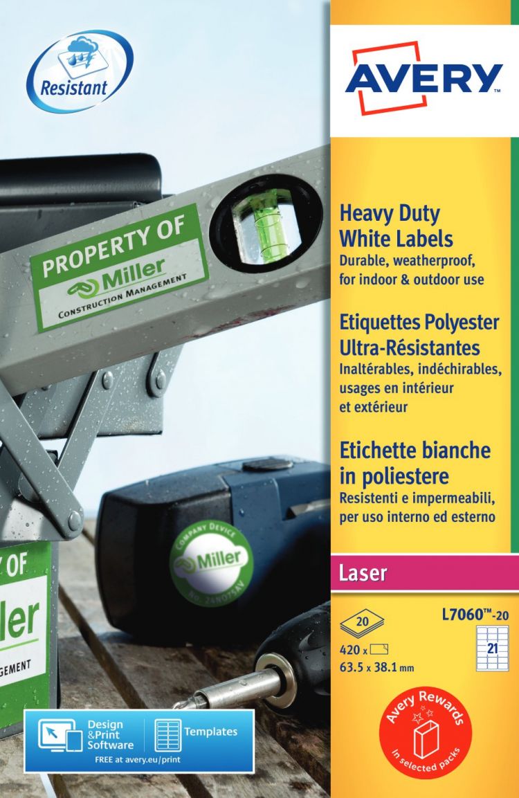 Avery L7060-20 Resistant Labels 20 sheets - 21 Labels per Sheet