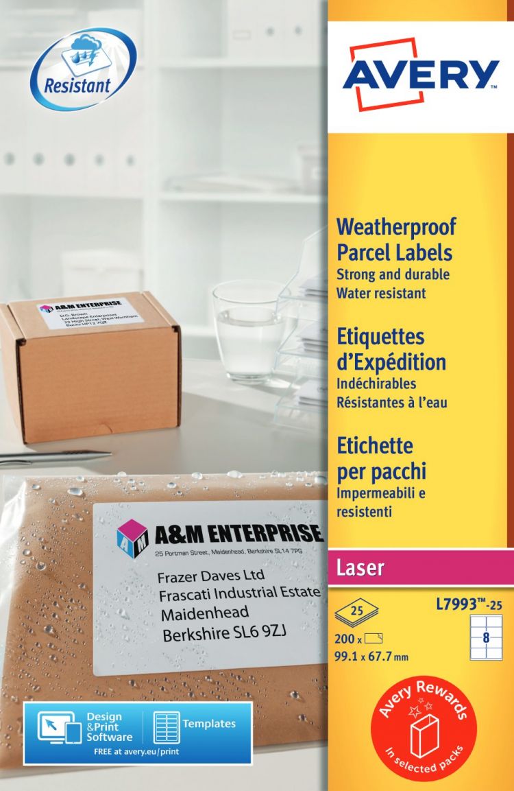 Avery L7993-25 Waterproof Labels 25 sheets - 8 Labels per Sheet