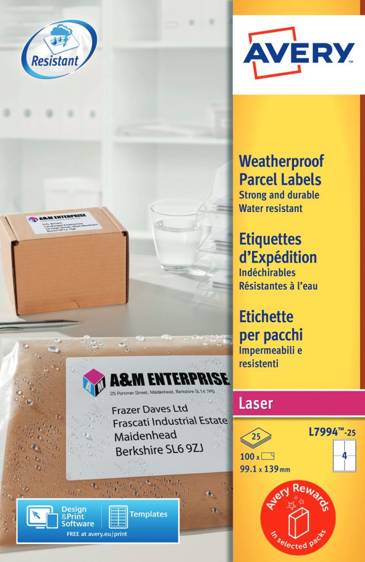 Avery L7994-25 Waterproof Labels 25 sheets - 4 Labels per Sheet