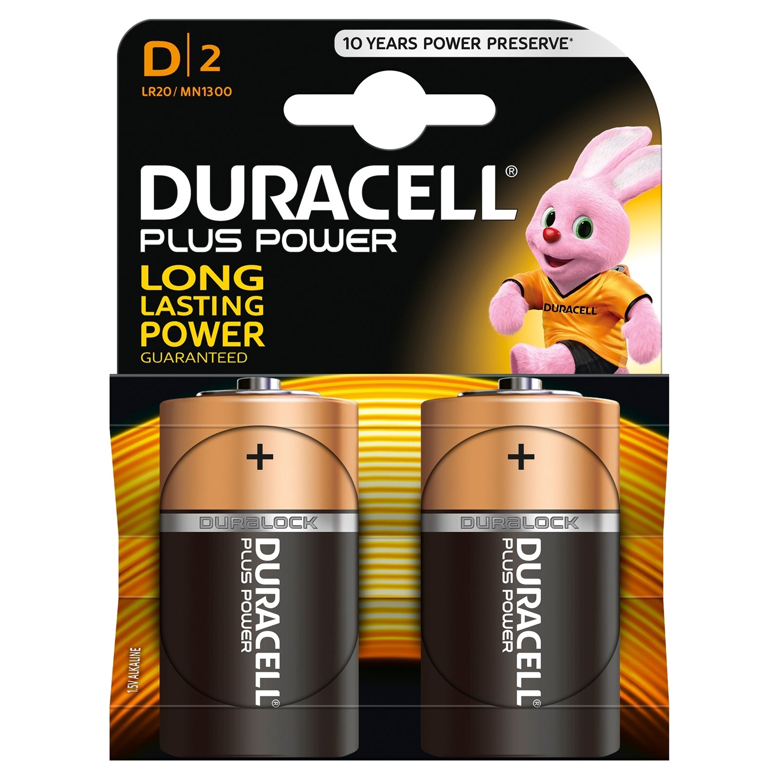 Duracell Plus Power D Alkaline Batteries - 15000mAh, Pack of 2