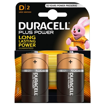 Duracell Plus Power D Alkaline Batteries - 15000mAh, Pack of 2
