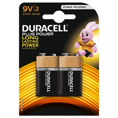 Duracell Plus Power 9V Alkaline Battery 550mAh - 2 Pack