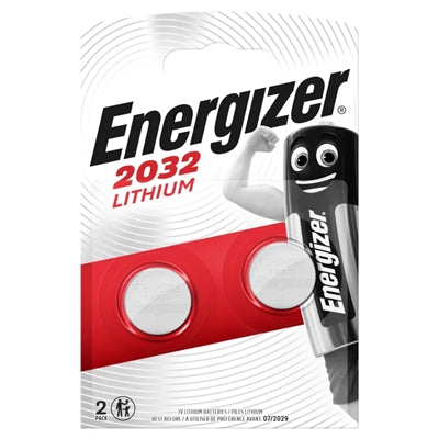 Energizer CR2032 lithium coin cell batteries, 2-pack, silver color, designed for electronics.