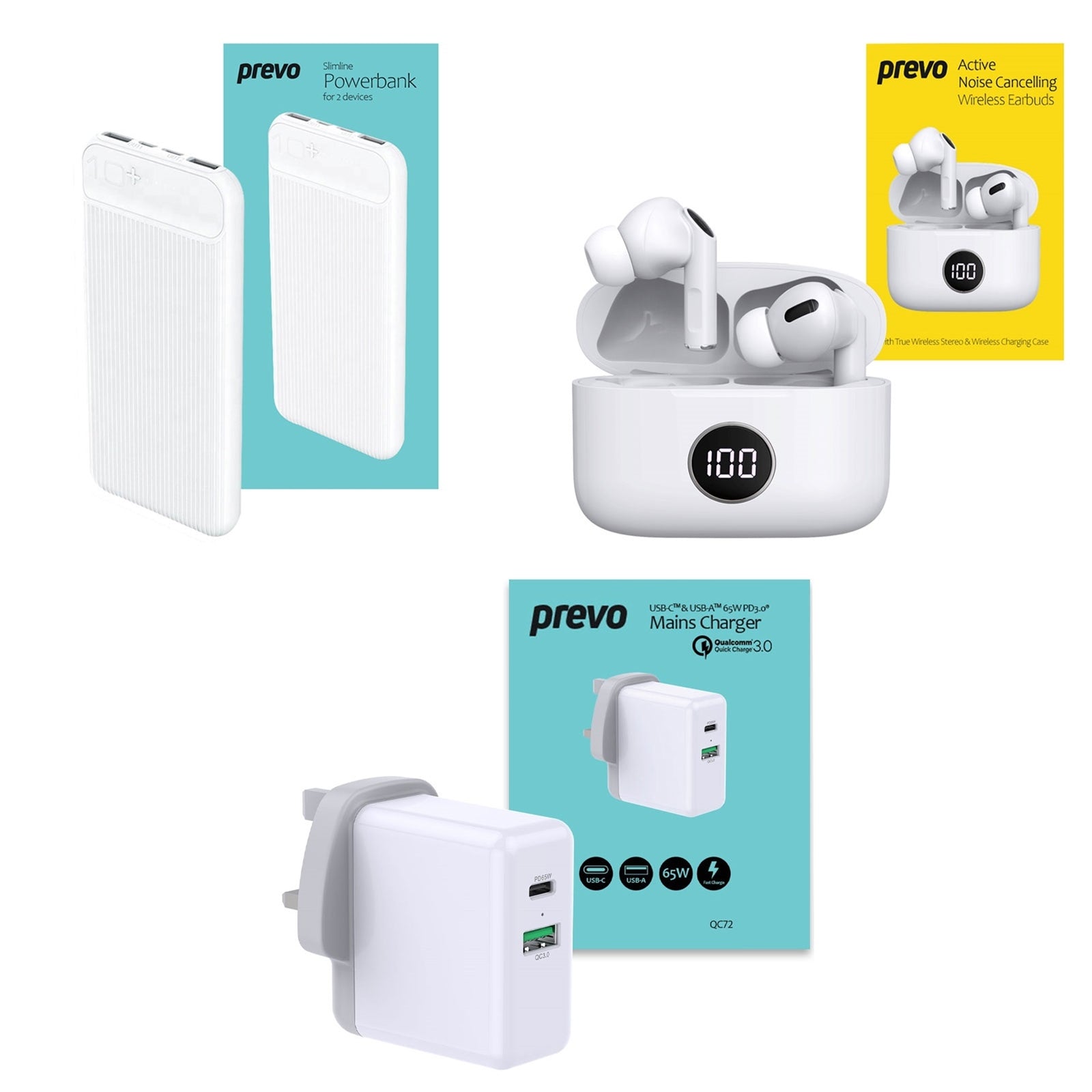 Prevo Travel Bundle - ANC Earbuds, 10000mAh Powerbank & 65W Charger