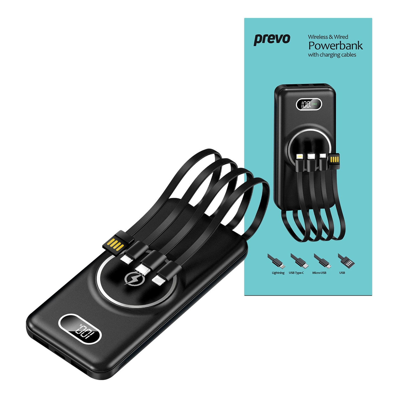 PREVO SP5002 10000mAh Wireless Power Bank Built-in Cables