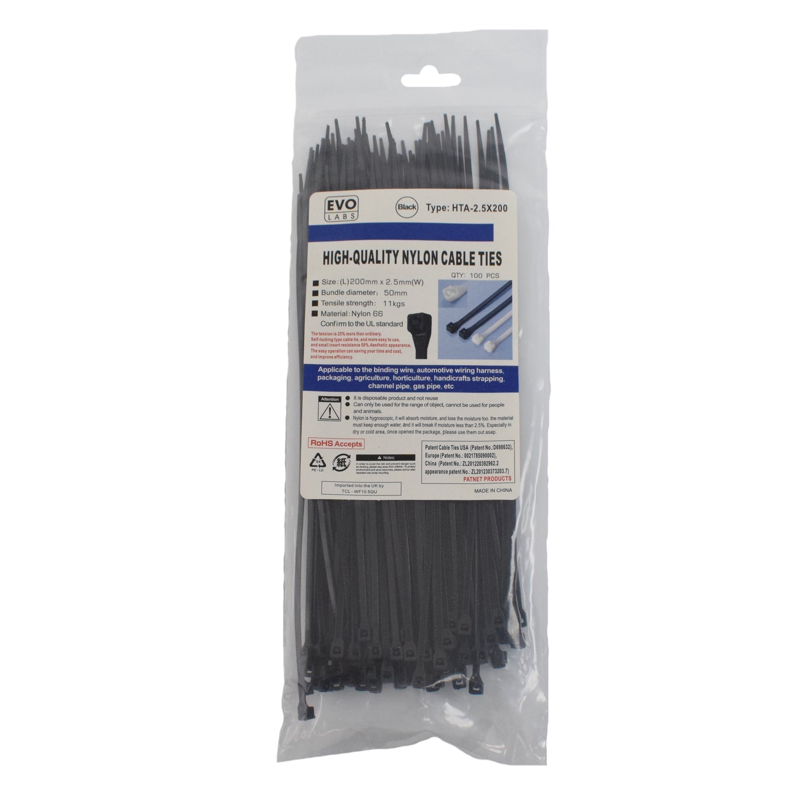 Nylon 66 Cable Ties 200x2.5mm Black - 100 Pack Self-Locking 11kg