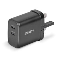 Lindy 65W Dual USB-C GaN Wall Charger - UK Plug, Black, PD 3.0
