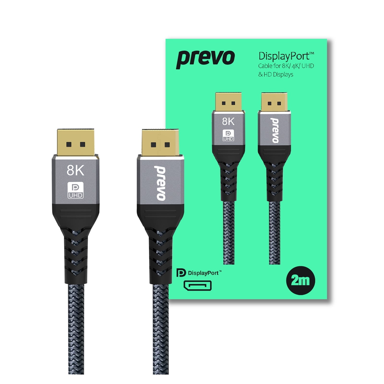 Prevo DP14-2M DisplayPort 1.4 Cable 2m - 8K 60Hz Braided Gold-Plated