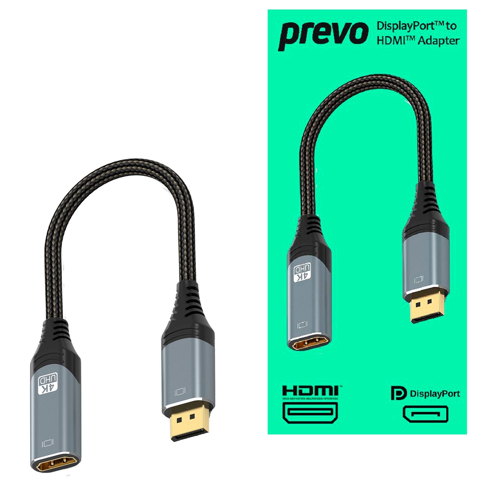 Prevo DisplayPort to HDMI Adapter 4K@60Hz Braided Cable 0.2m