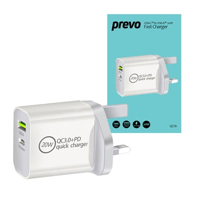 Prevo QC70 20W Dual Port USB-C Fast Charger PD 3.0 QC 3.0 UK