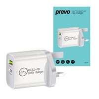 Prevo QC70 20W Dual Port USB-C Fast Charger PD 3.0 QC 3.0 UK