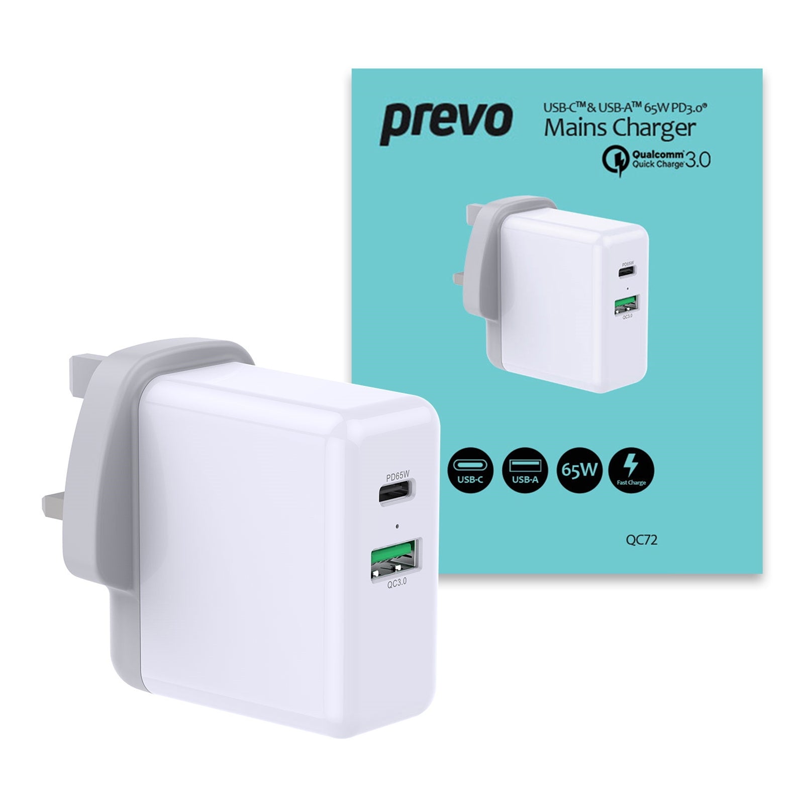 Prevo QC72 65W Dual-Port USB-C Wall Charger - PD 3.0 & QC 3.0