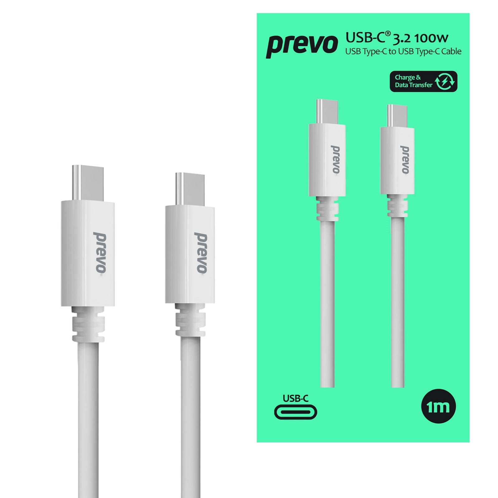 Prevo USB-C 3.2 Cable 100W Pure Copper 1m White 20V/5A Fast Charge