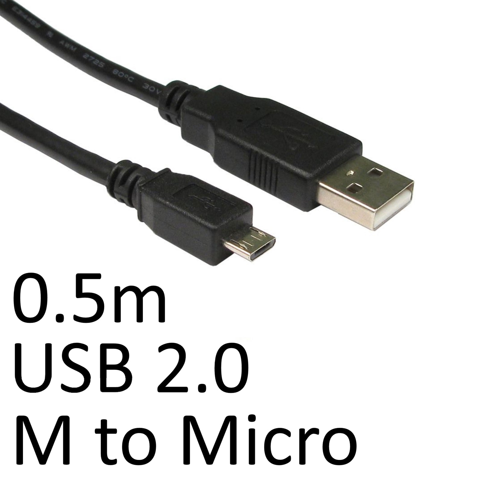 USB 2.0 A to Micro B Cable 0.5m Black - OEM Quality Data Sync