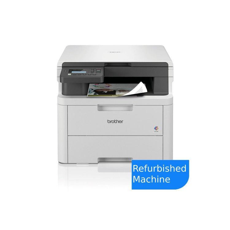 Brother DCP-L3520CDWE multifunction printer in sleek white design, showcasing print, scan, and copy features.