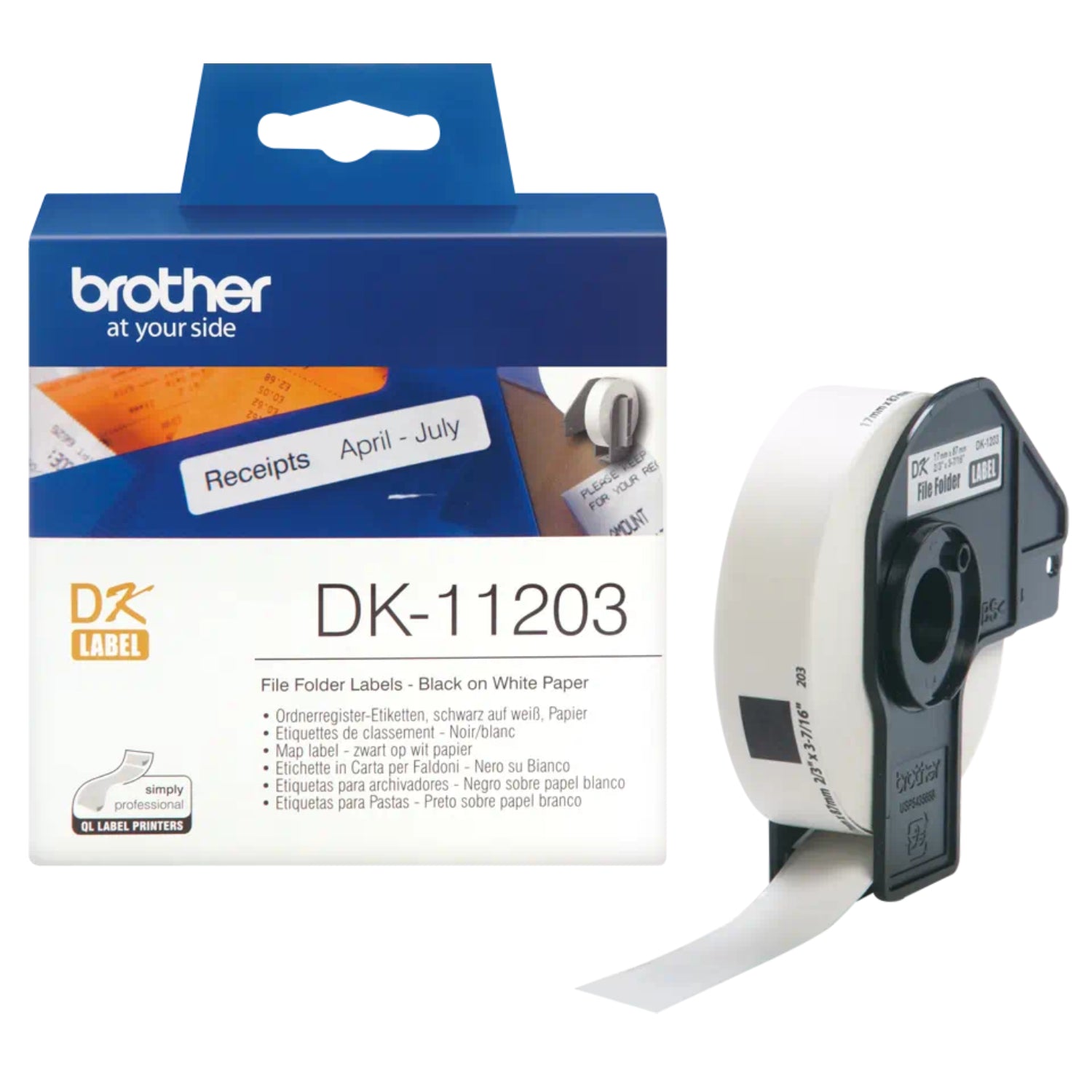 Brother DK11203 white multipurpose file folder labels on a roll