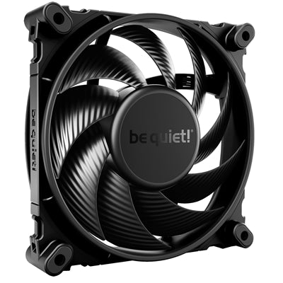 Black 120mm be quiet! Silent Wings 4 fan with optimized blades and 3-pin connector, features dual mounting options.