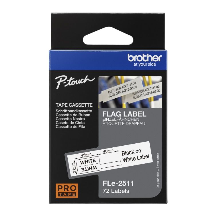 Brother FLE-2511 black on white die-cut flexi flag label, size 21 x 45mm, ideal for organizing and labeling.