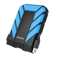 Blue rugged external hard drive from ADATA, 2TB capacity, IP68 waterproof, USB 3.1 connectivity.