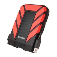 ADATA HD710 Pro 2TB rugged external hard drive in red, IP68 waterproof design with textured surface and USB connectivity.