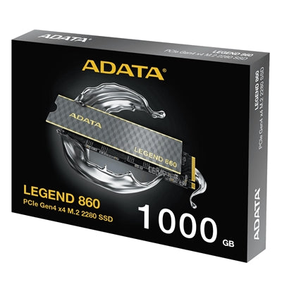ADATA Legend 860 1TB NVMe SSD, PCIe Gen4, M.2 2280, black heatsink, read 5000 MB/s, write 3000 MB/s.